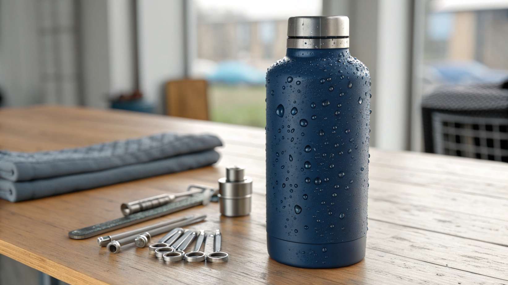A closeup photo of a navy blue stainless steel water bottle on a wooden table with metal tools and hardware.