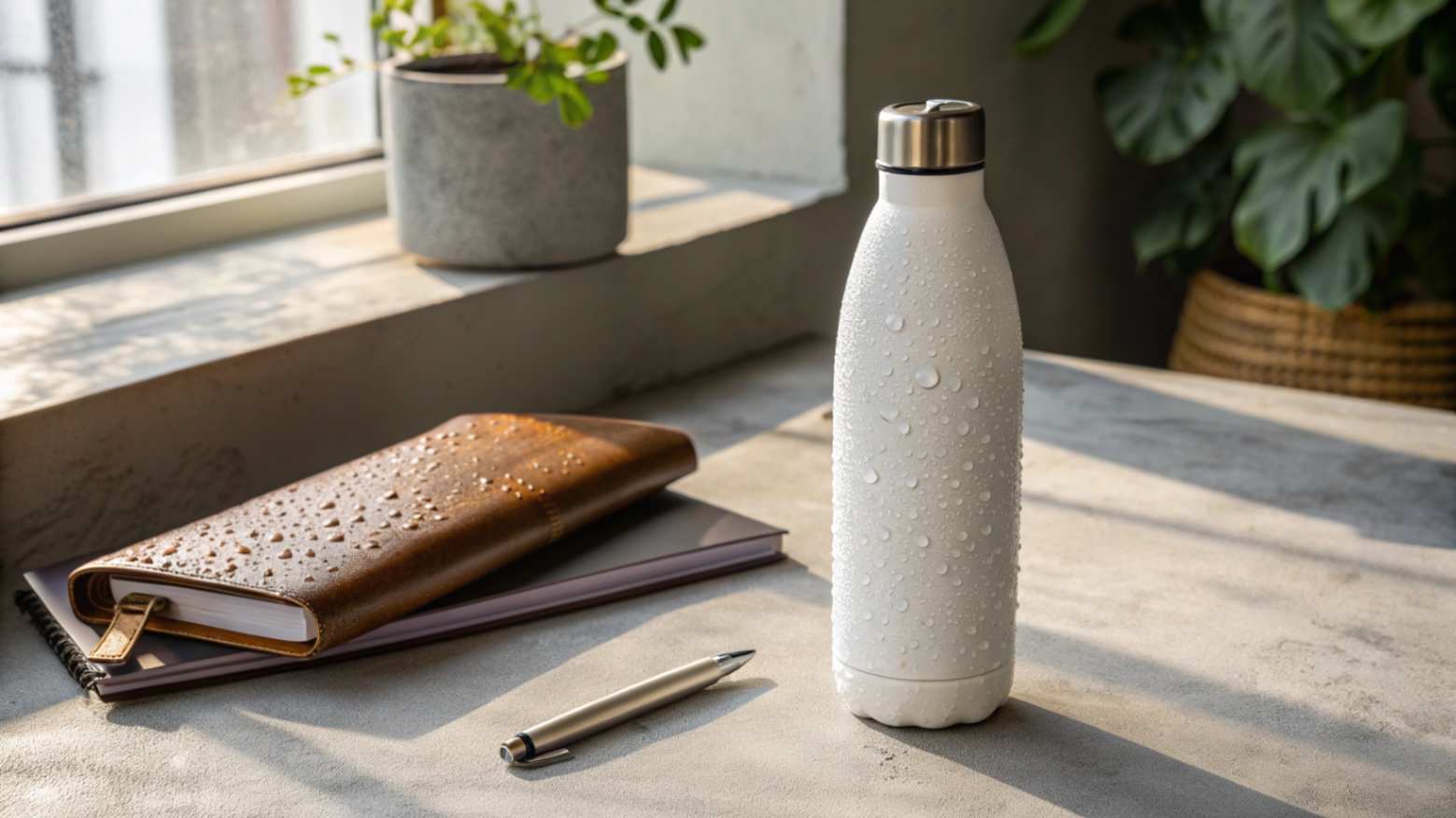 A stainless steel water bottle with a matte white ceramic coating, sitting on a grey concrete desk with a leather notebook and a pen.