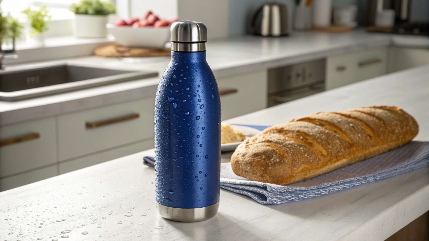 A stainless steel water bottle with a durable blue ceramic coating, sitting on a kitchen counter next to a loaf of bread.