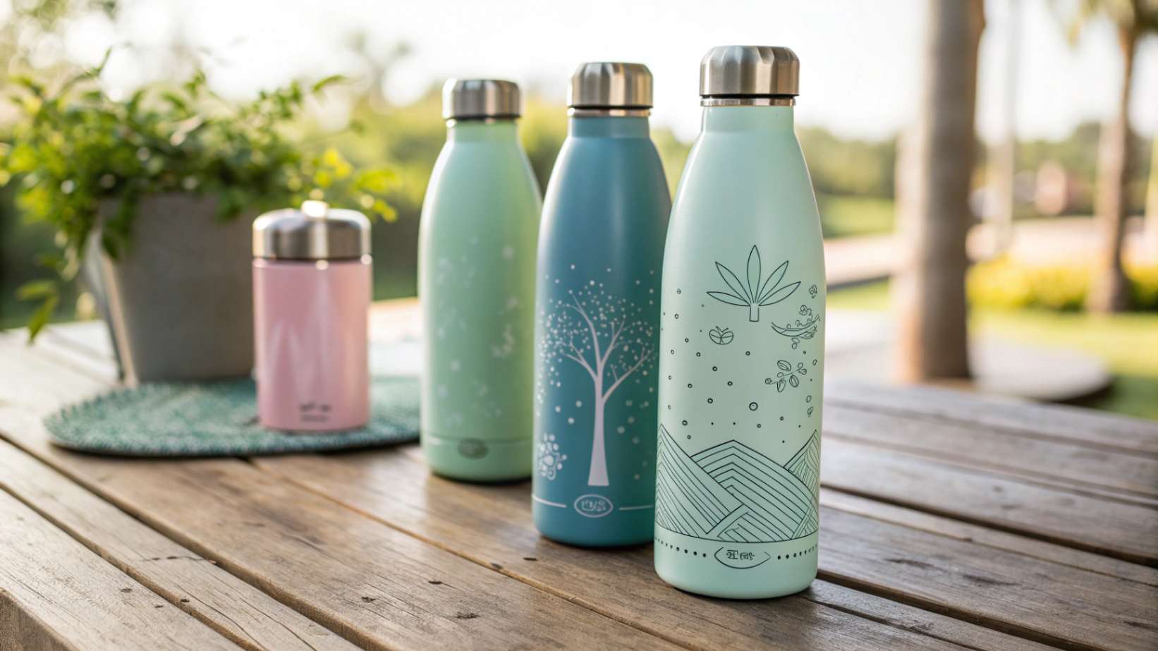 A group of colorful ceramic-coated stainless steel water bottles on a rustic wooden table, displaying their variety of natural hues and textures
