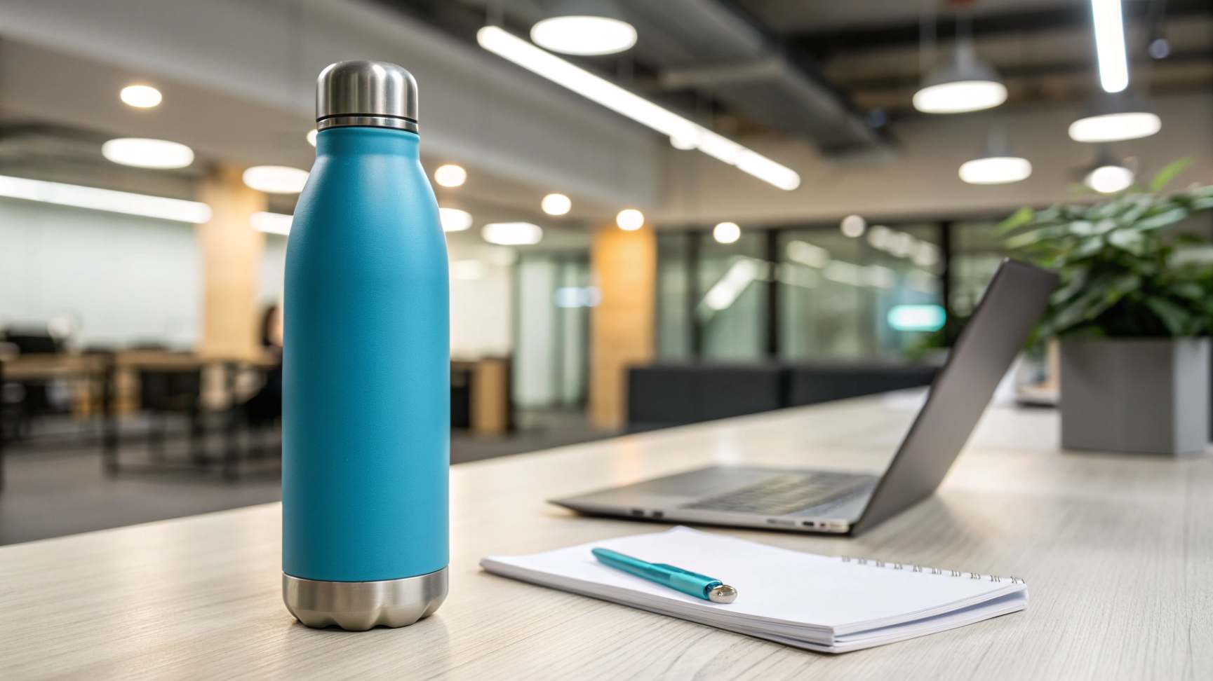 A ceramic-coated, ocean blue stainless steel water bottle on a light wood desk with a laptop and notepad, in a bright office setting.
