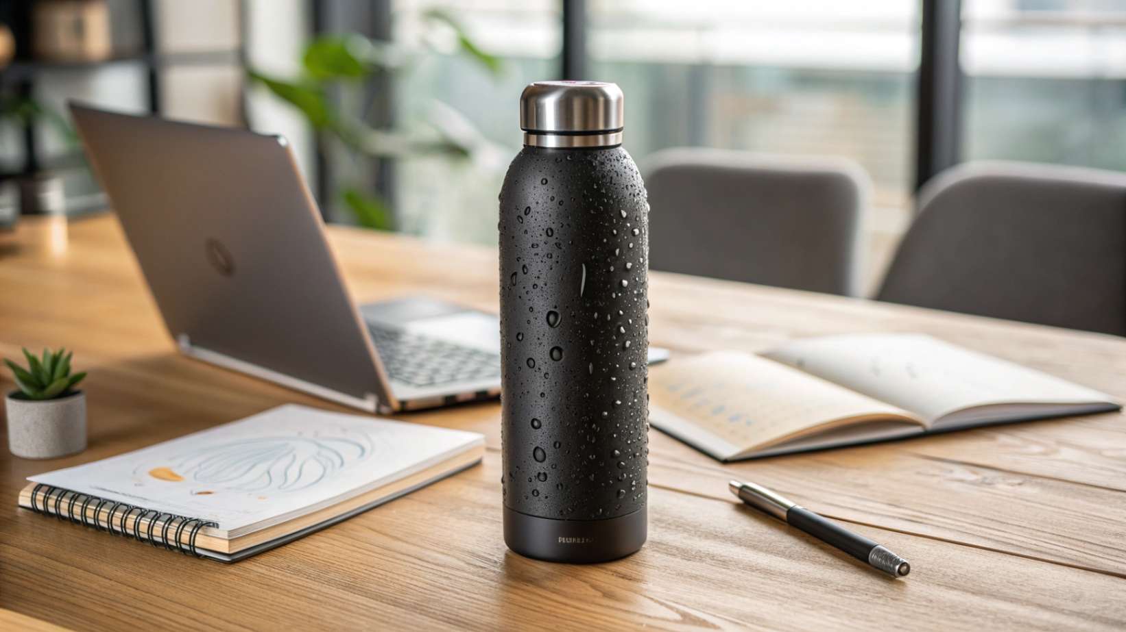 A sleek, minimalist black reusable water bottle on an office desk, with a laptop and notebook nearby