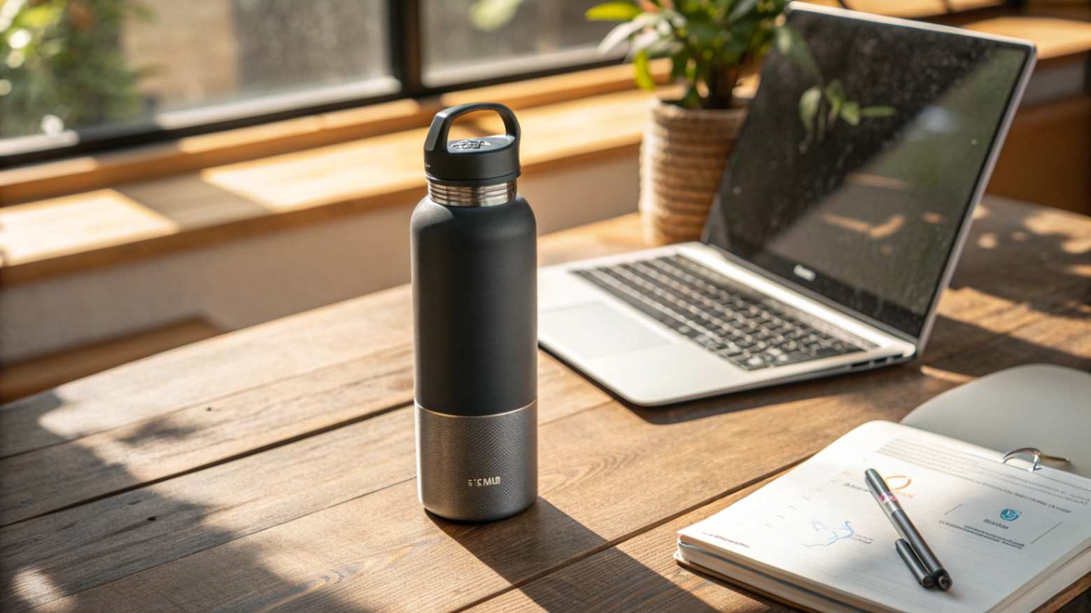 A sleek, high-quality stainless steel water bottle with a ceramic lining, positioned on a desk with a laptop and documents