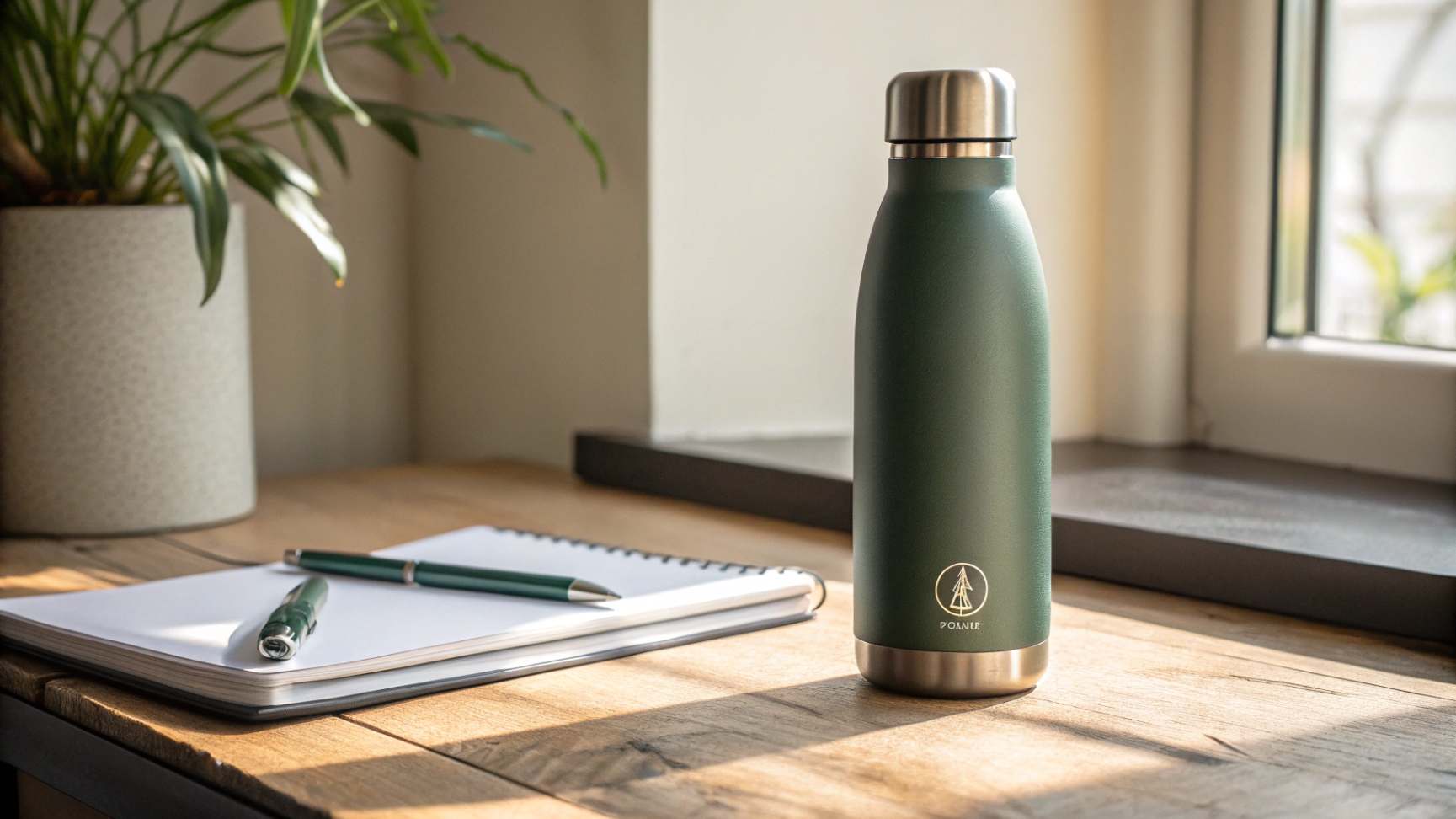 A high-quality photographic image of a customized stainless steel water bottle in a matte green color with a subtle debossed logo, sitting on a desk with a notebook and pen nearby, in soft natural lighting.