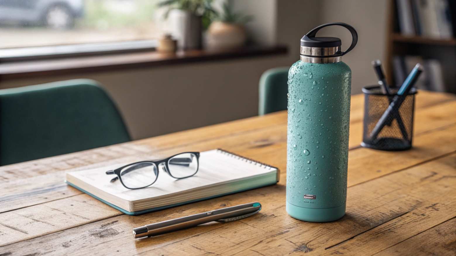 A metal water bottle with a matte teal finish and subtle condensation sits on a wooden conference table, surrounded by a notebook, pen, and reading glasses.