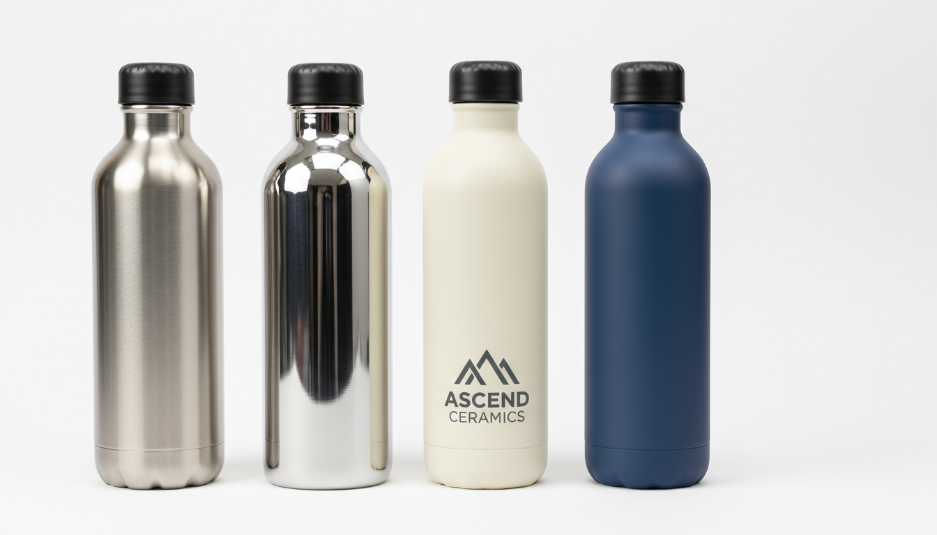 Diverse stainless steel water bottle finishes: brushed, mirror, matte, powder-coated, ceramic with custom logo.