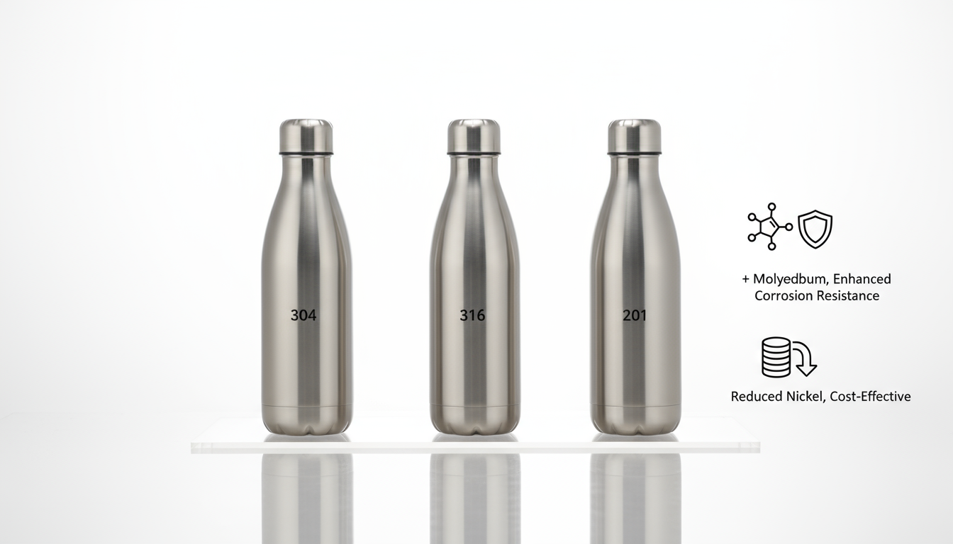 Comparison of 304, 316, 201 stainless steel water bottle materials for B2B buyers.