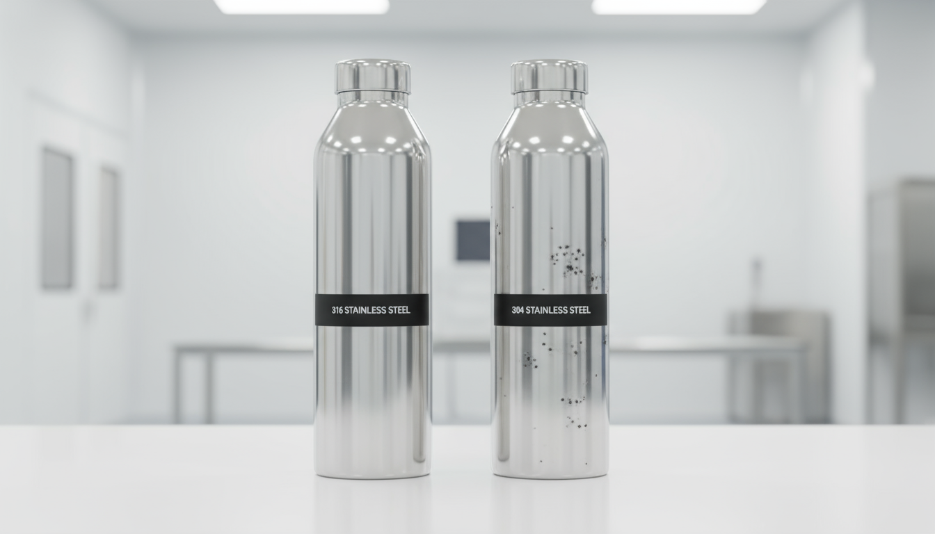 Comparison of 316 vs 304 stainless steel water bottle corrosion resistance.