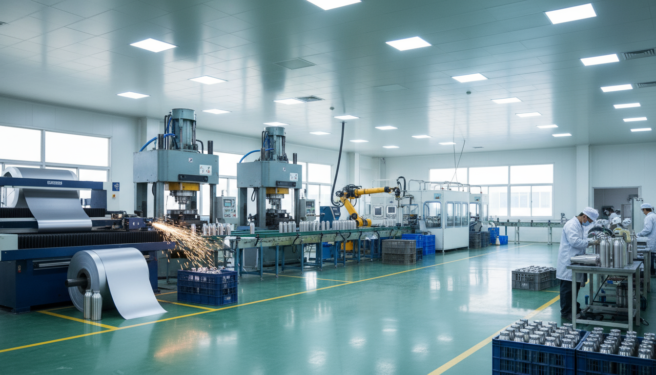 Custom stainless steel water bottle manufacturing process, factory floor.