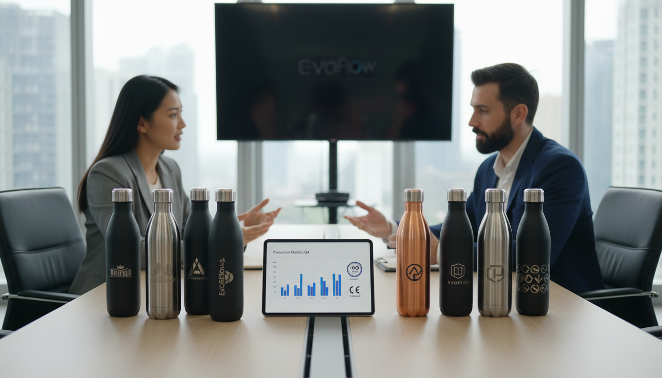 Stainless steel water bottle B2B partnership meeting, quality assurance, custom branding.