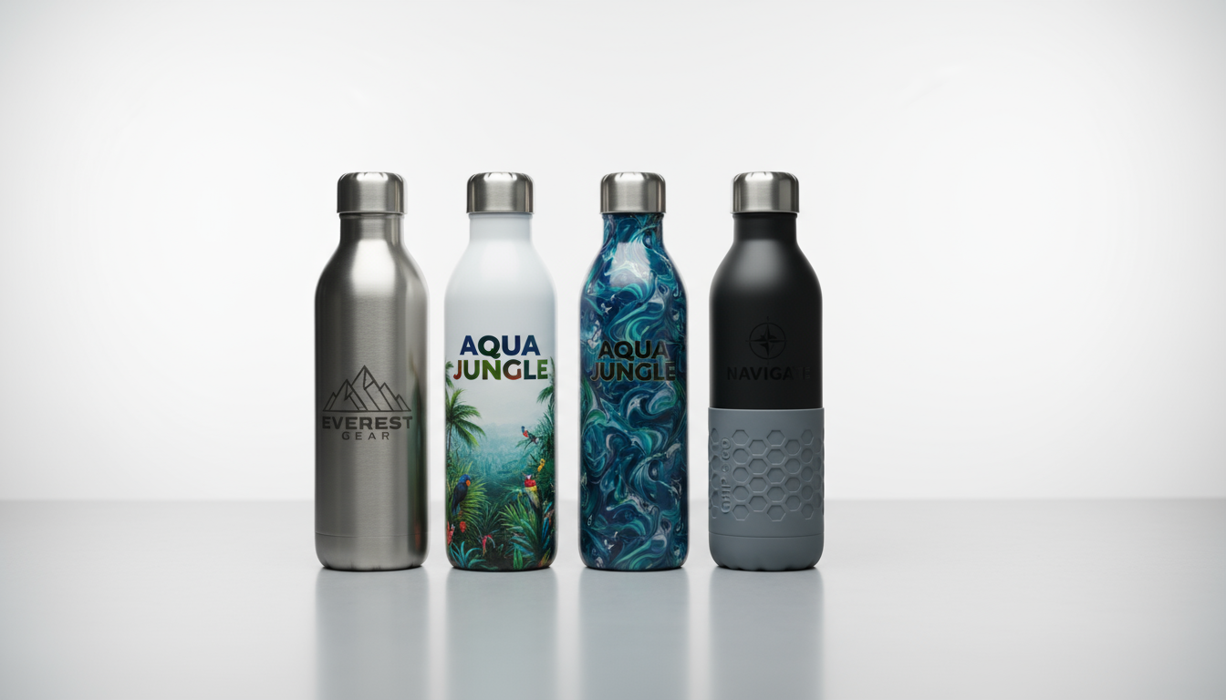 Customized stainless steel water bottles showcasing diverse branding options.