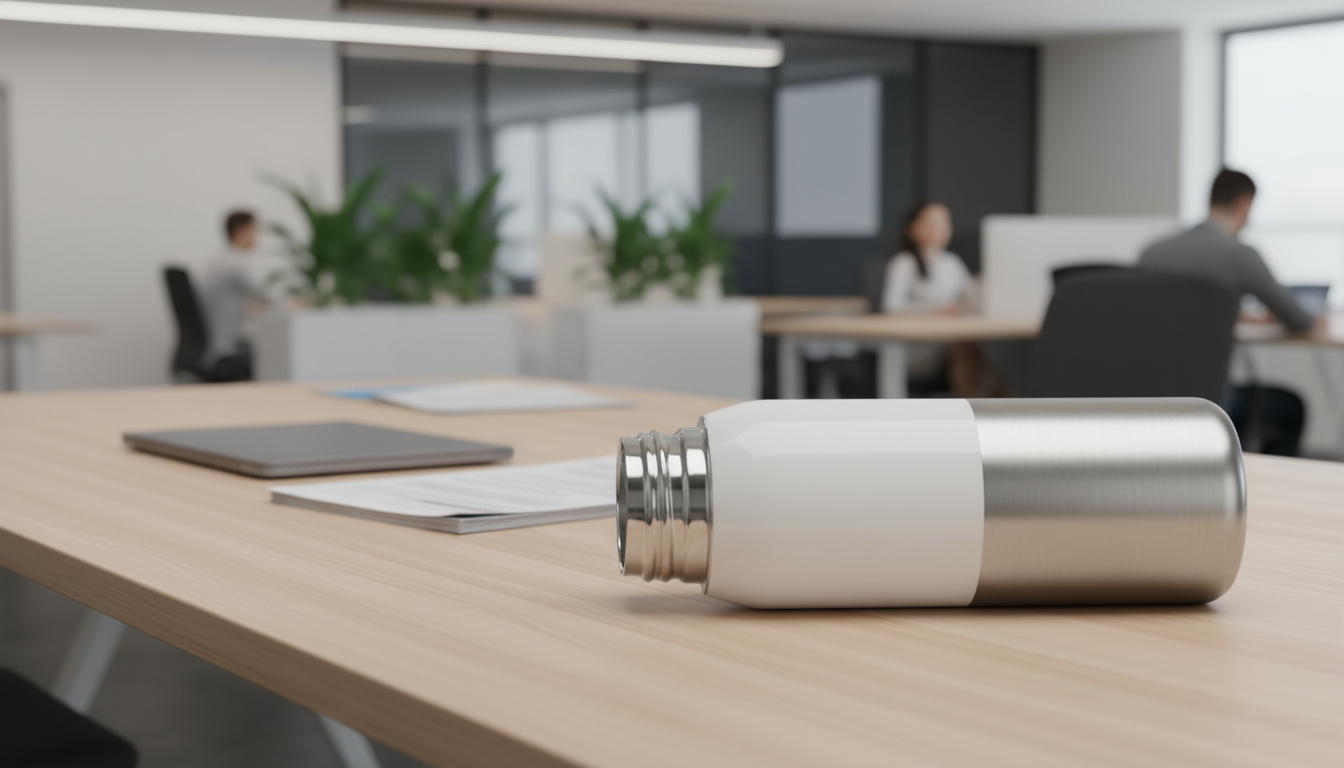 Durable stainless steel water bottle with ceramic interior for corporate use.
