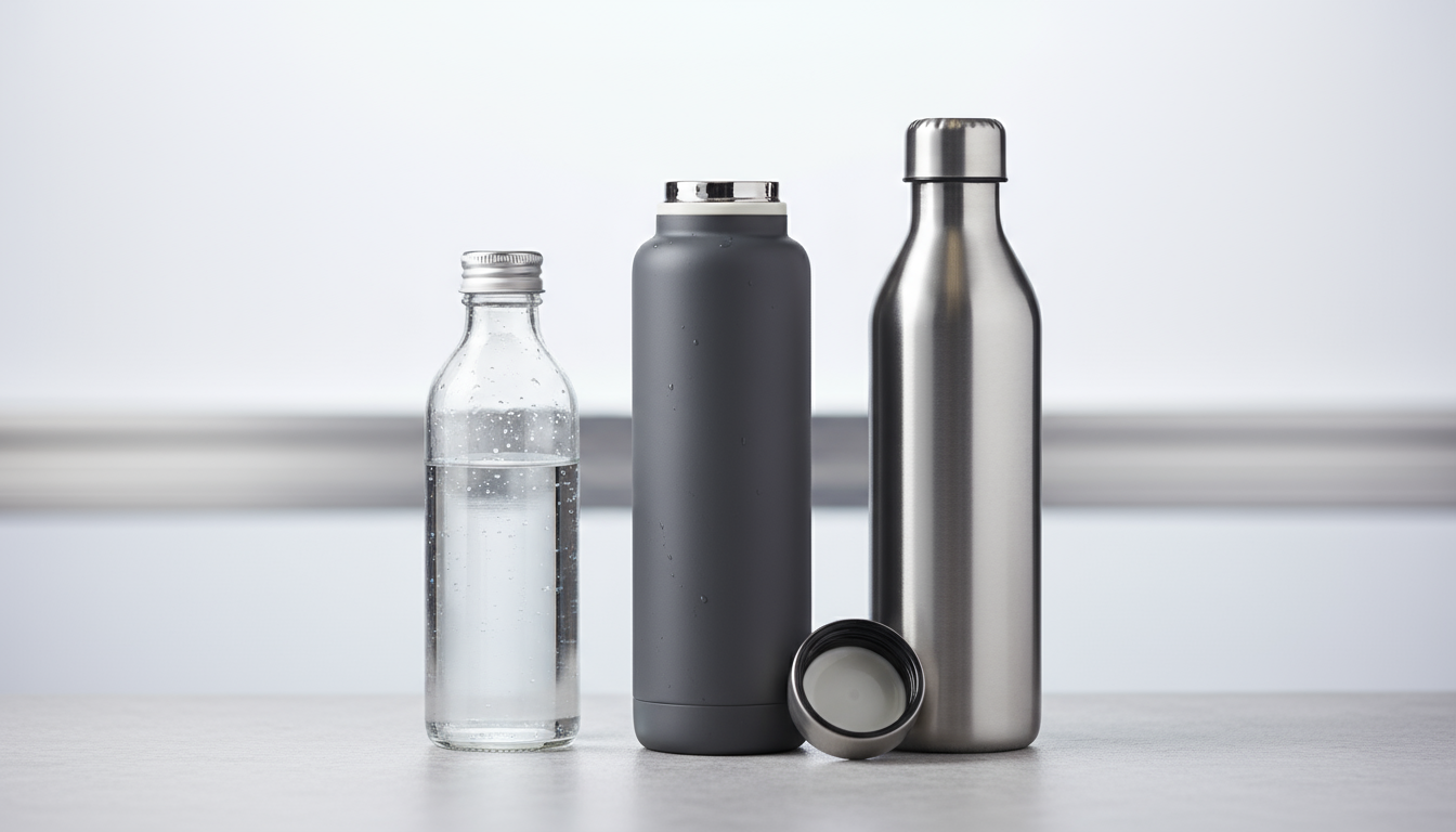 Ceramic-lined stainless steel water bottle, glass, and all-steel bottles comparison.