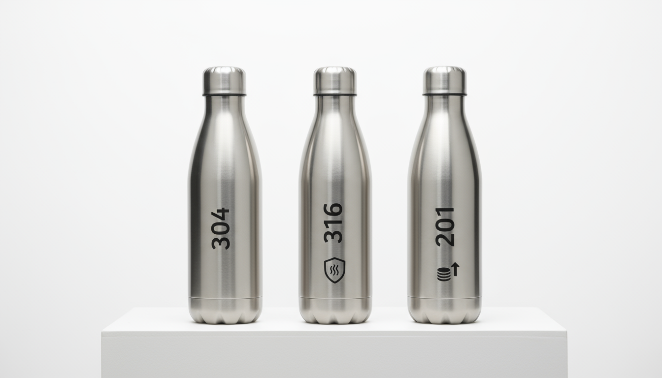 Stainless steel water bottles (304, 316, 201) showcasing composition differences.