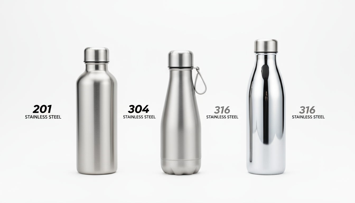 Three grades of stainless steel water bottles: 201, 304, 316 for B2B applications.