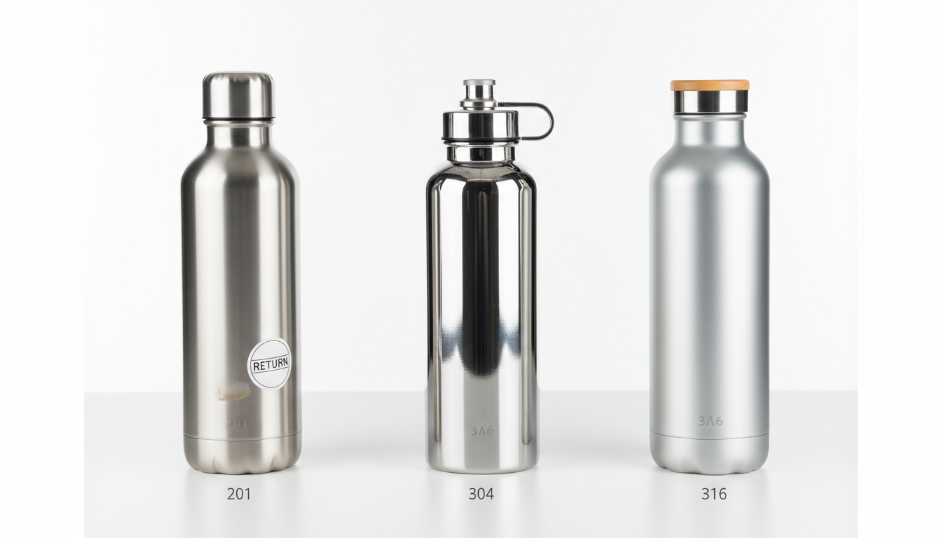 Stainless steel water bottle cost comparison: 201, 304, 316 steel grades.