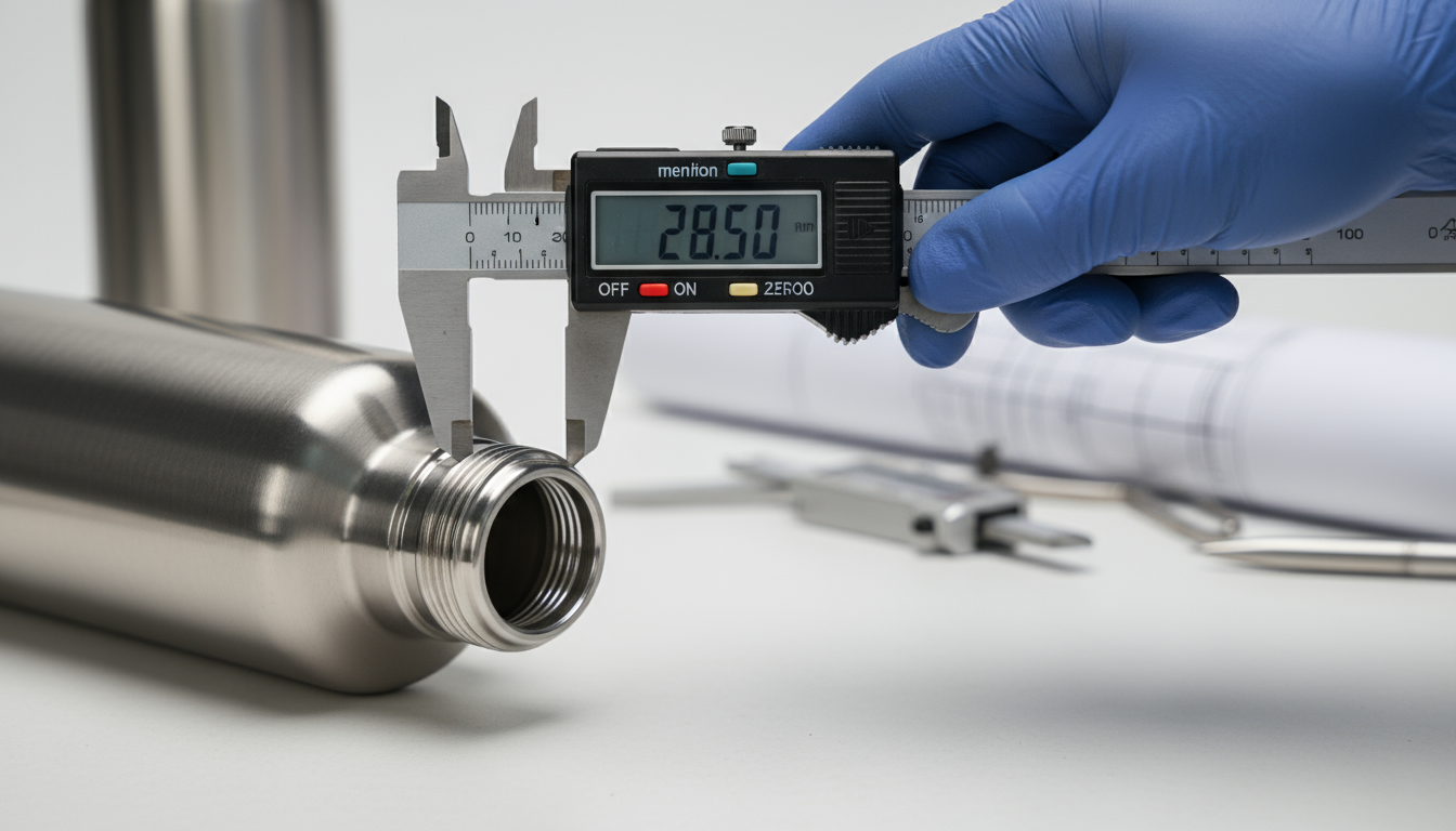 Digital caliper measuring stainless steel water bottle thread dimensions.