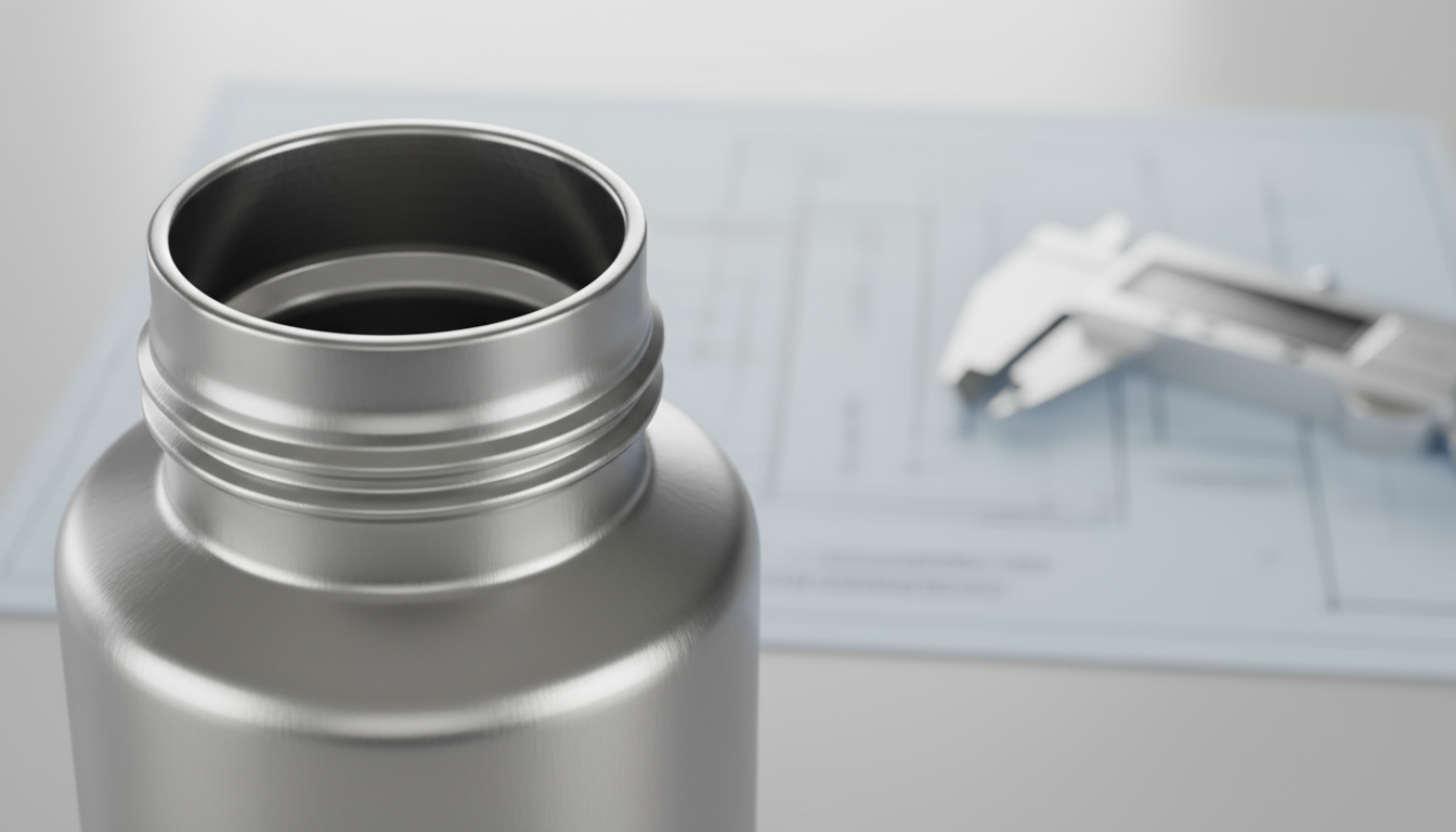 Stainless steel water bottle neck finish, showcasing thread profile and precision.