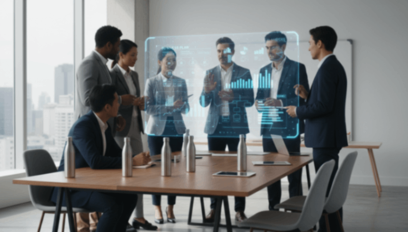 Professional business team planning, featuring sleek stainless steel water bottle products.