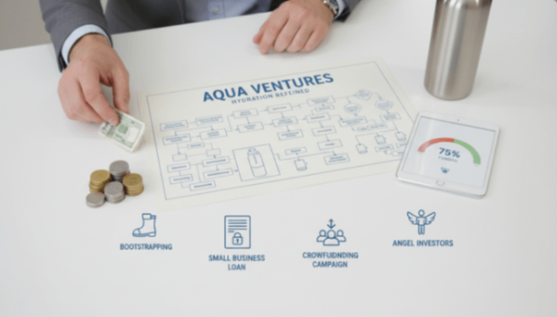 Business Funding Strategies Funding options for a stainless steel water bottle business, showing capital sources.