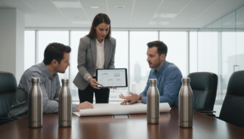 Strategic Team Building Small team collaborating with stainless steel water bottles in a modern office.