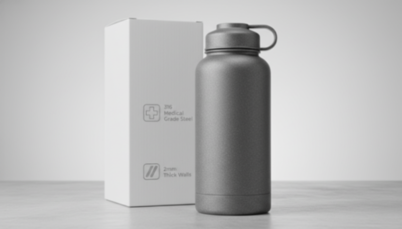 Product Feature Branding Premium stainless steel water bottle, showcasing durable construction and material purity.