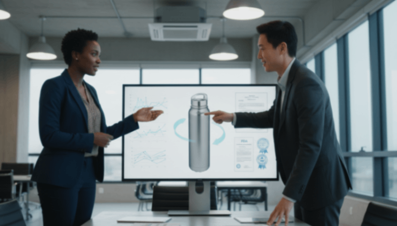 Strategic Partnership Meeting Professional B2B meeting discussing custom stainless steel water bottle design and manufacturing solutions.