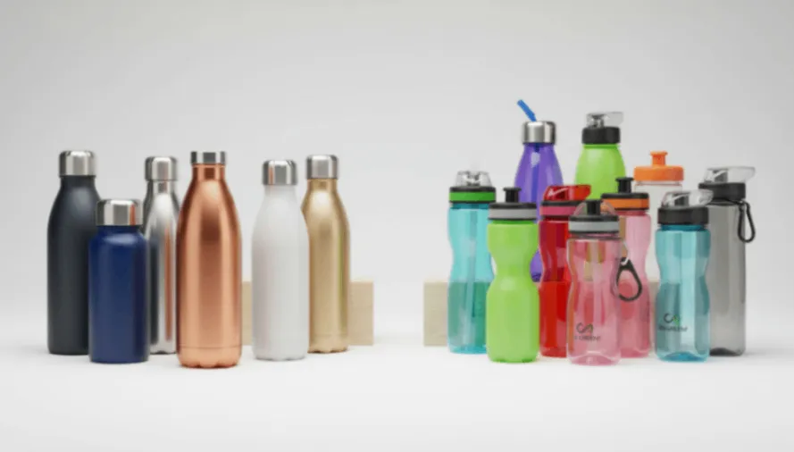 Wholesale Bottle Comparison Wholesale comparison of premium stainless steel water bottle and promotional plastic bottles.