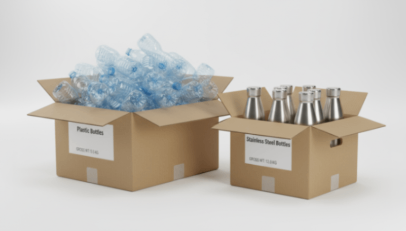 Cost Comparison: Plastic vs. Steel Comparison of plastic and stainless steel water bottle bulk shipping costs.