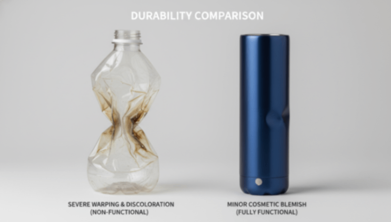 Plastic vs. Steel Durability Damaged plastic bottle next to durable stainless steel water bottle, highlighting quality.