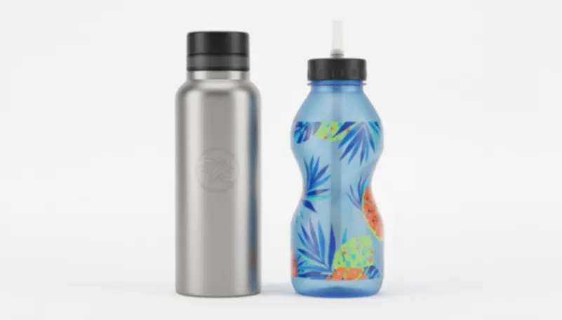 Steel vs. Plastic Customization Stainless steel water bottle and plastic bottle customization comparison.