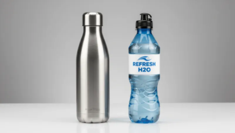 Material & Brand Impact Premium stainless steel water bottle contrasted with plastic bottle for brand positioning.
