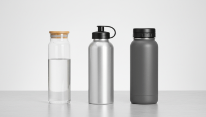 Water Bottle Material Options Comparing glass, aluminum, and stainless steel water bottle options for wholesale.