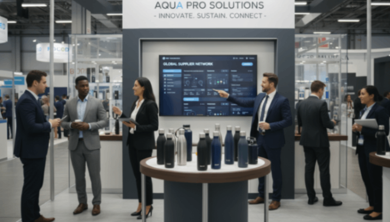 Manufacturer Discovery Channels Professional stainless steel water bottle trade show booth featuring B2B platform and networking.