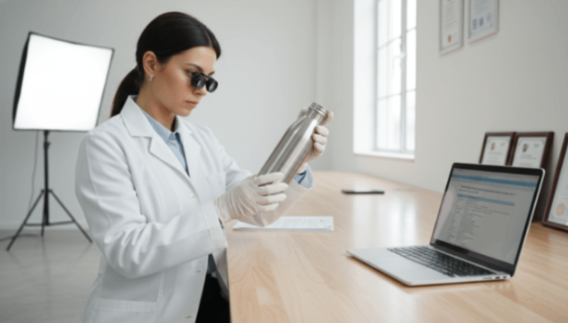 Factory Vetting & Verification Professional inspecting stainless steel water bottle quality and factory certifications.