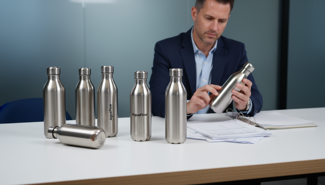 Assessing Supplier Red Flags B2B buyer inspecting stainless steel water bottle samples for quality and documentation issues.
