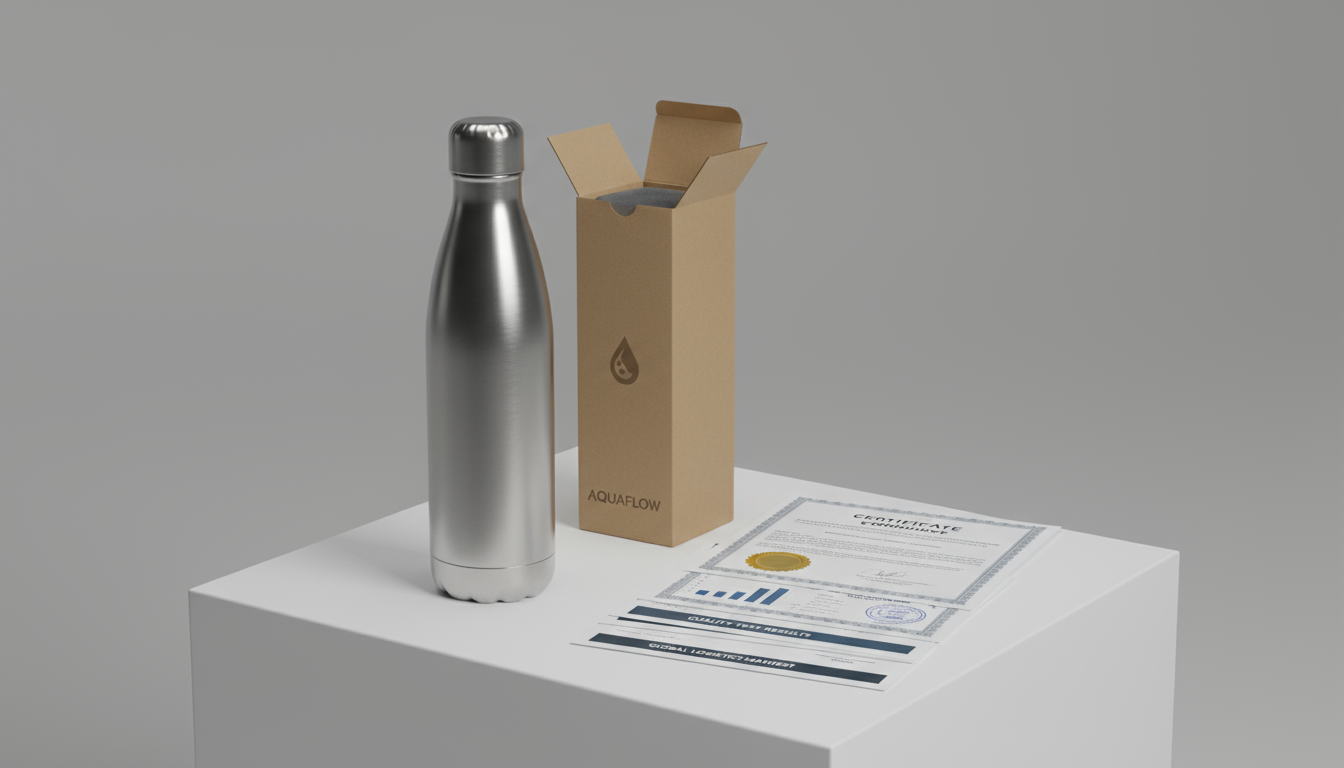 Packaging & Compliance Proof Professional packaging for stainless steel water bottles with compliance documents.