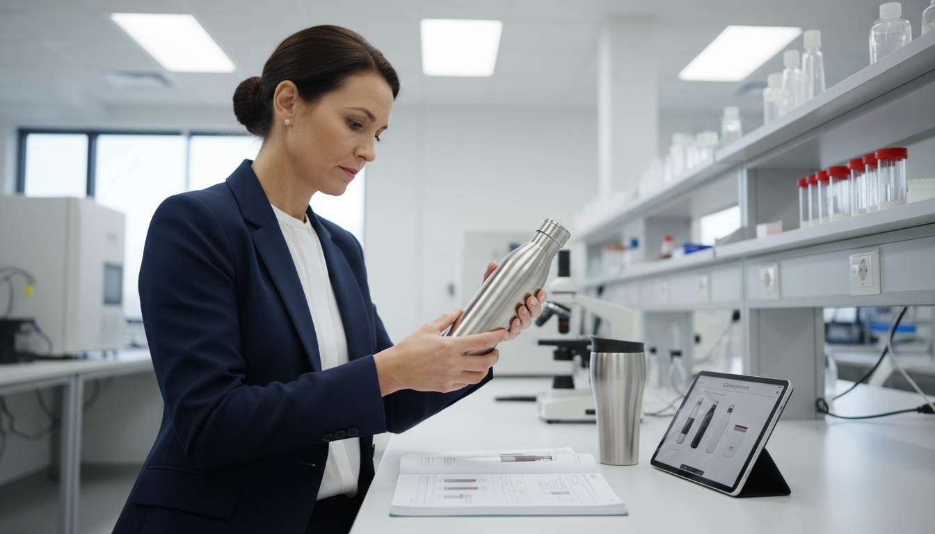 B2B Sample Quality Review B2B buyer inspecting stainless steel water bottle samples for quality and partnership potential.