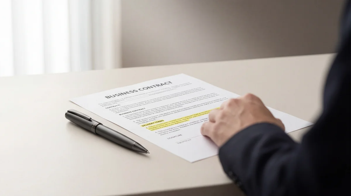 Contract document with delivery terms highlighted Business contract document with delivery terms highlighted