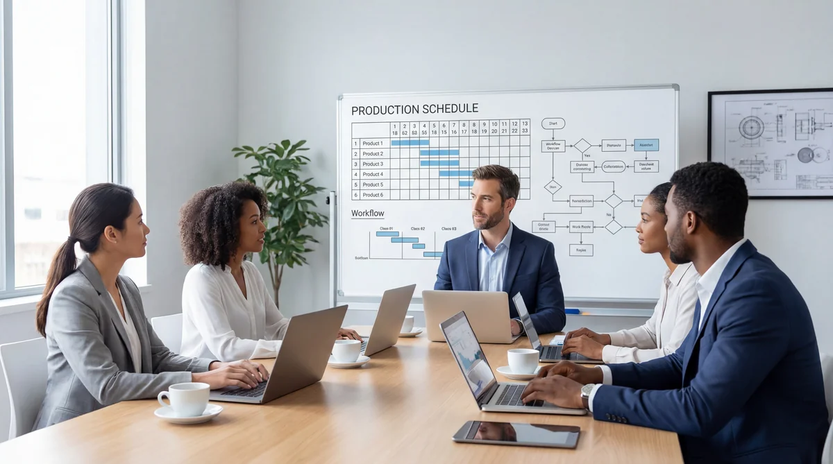 Factory team discussing production schedule Factory management team meeting discussing production schedule