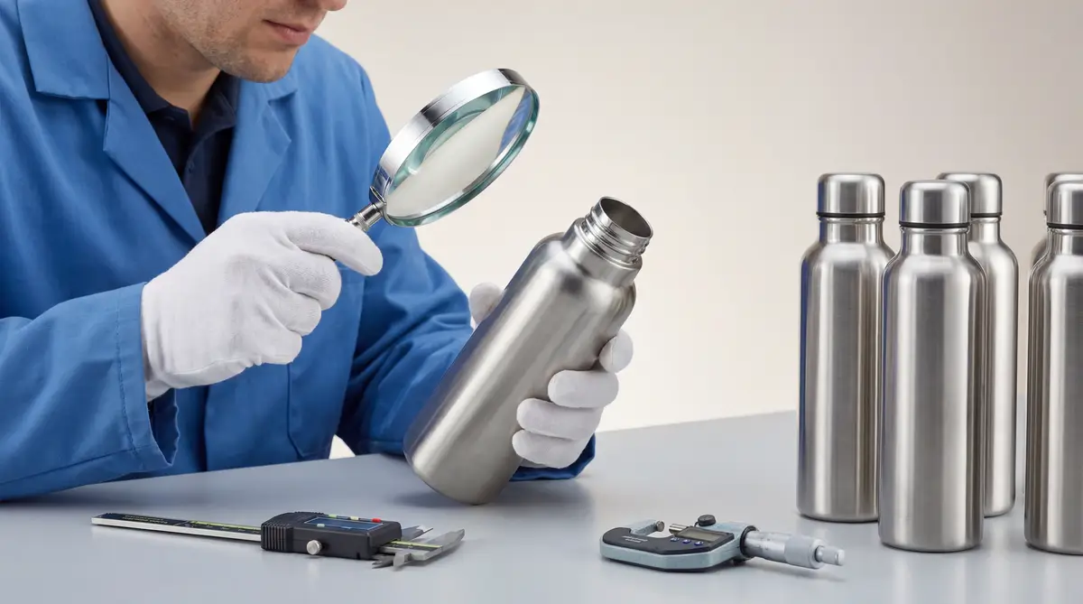 Quality Inspection Quality control inspector examining stainless steel bottles